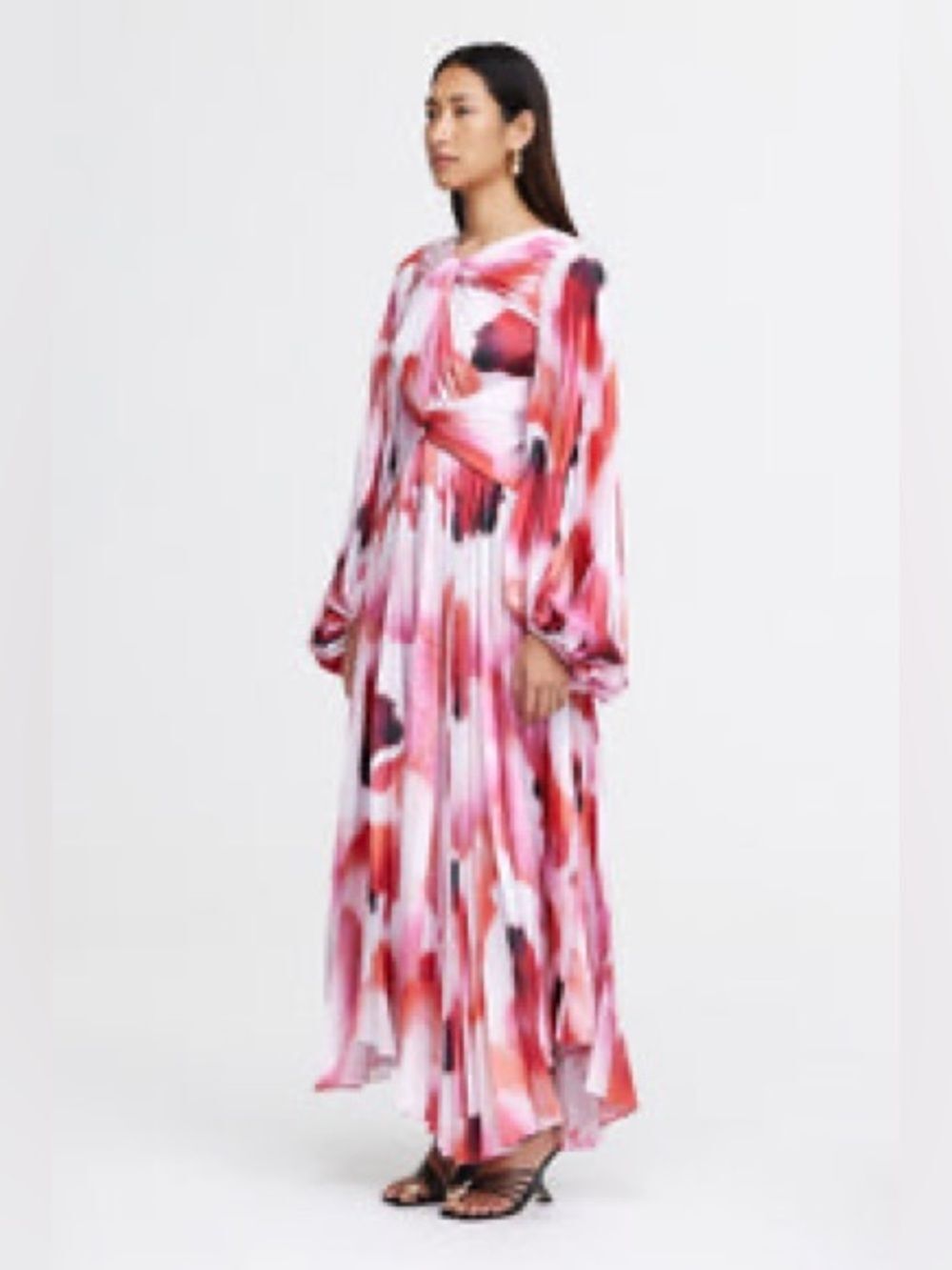 Acler DAILLEY MIDI DRESS Long-Sleeve Pleated Floral — Pink, Red, Black Size 10